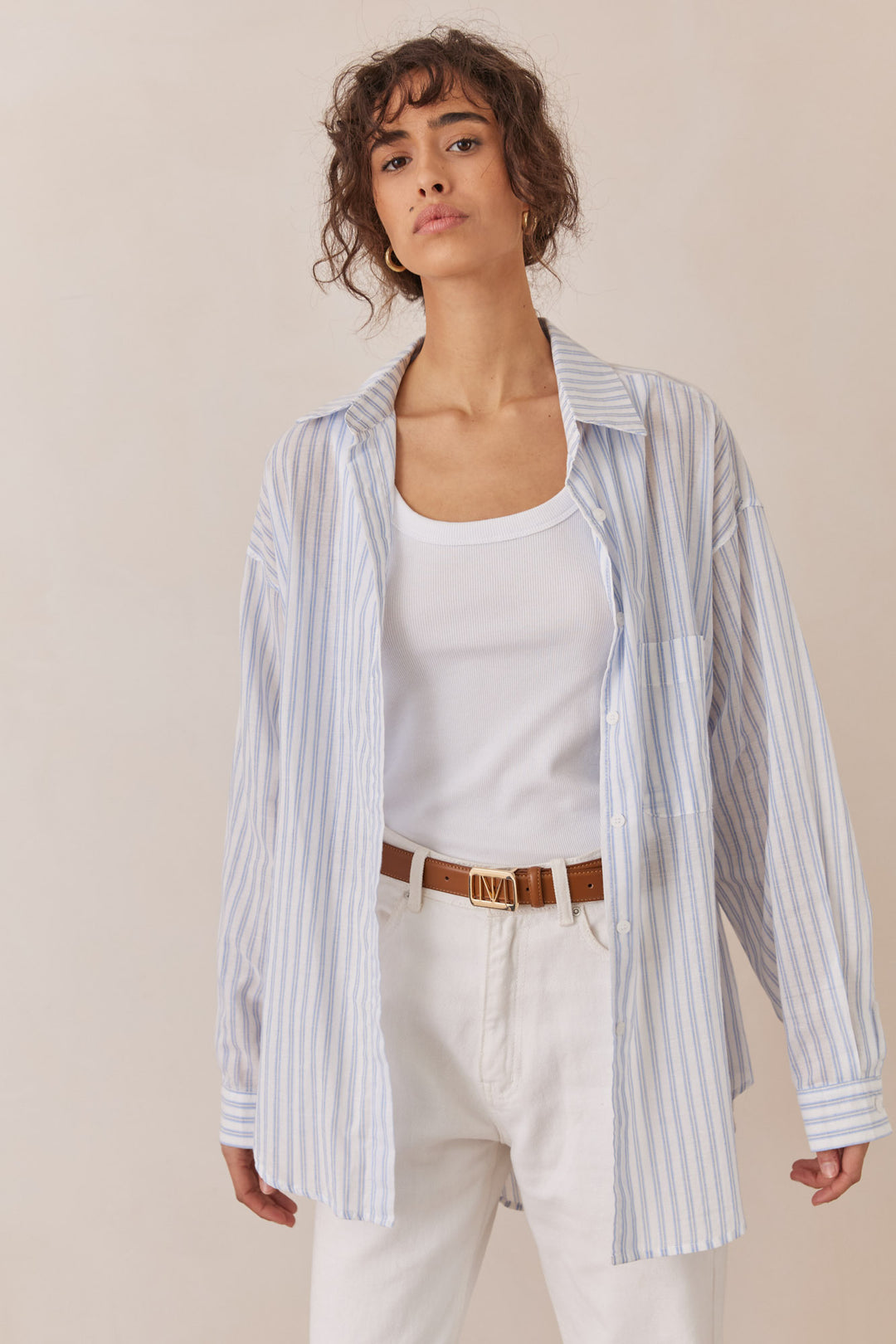 מכופתרת סטרייפס מישל בשילוב כיס | כחול/לבן