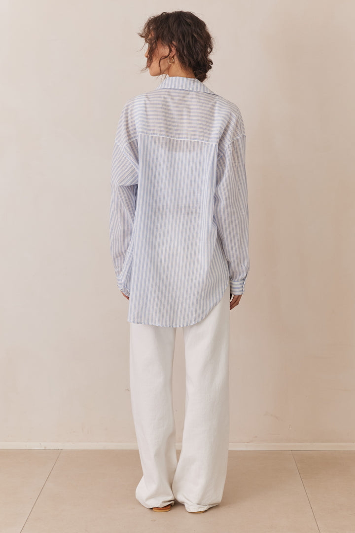 מכופתרת סטרייפס מישל בשילוב כיס | כחול/לבן