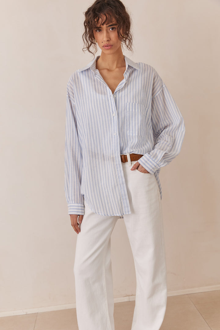 מכופתרת סטרייפס מישל בשילוב כיס | כחול/לבן