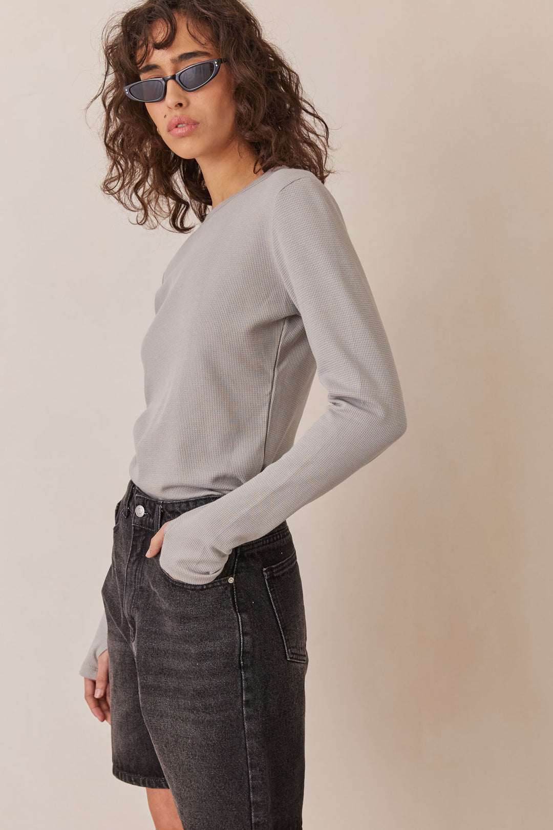 טי שירט לני וופל שרוולי כפפה | אפור אייס