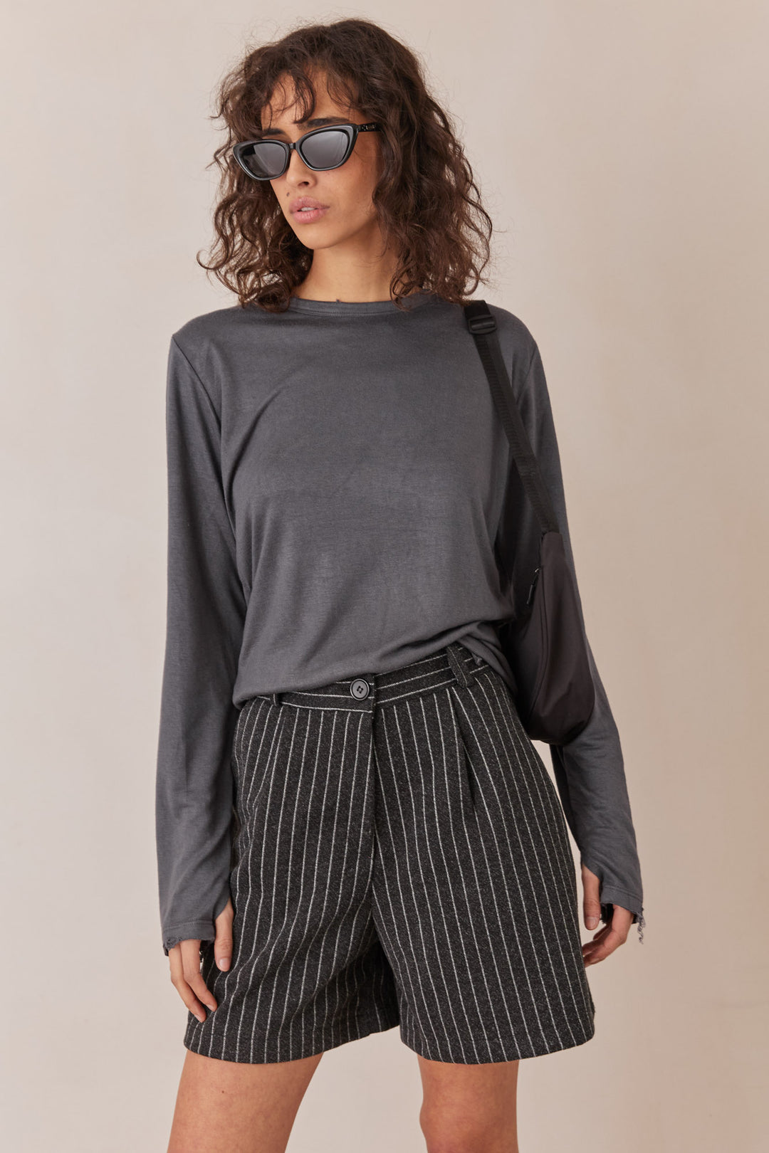 טי שירט דמוי פשתן מיילו שרוול כפפה | אפור כהה