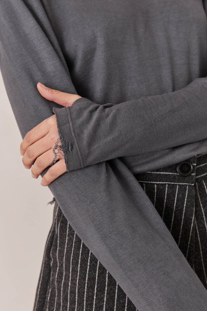 טי שירט דמוי פשתן מיילו שרוול כפפה | אפור כהה