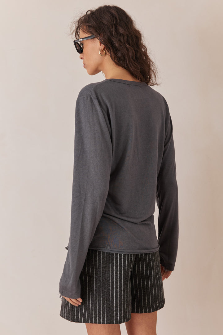 טי שירט דמוי פשתן מיילו שרוול כפפה | אפור כהה