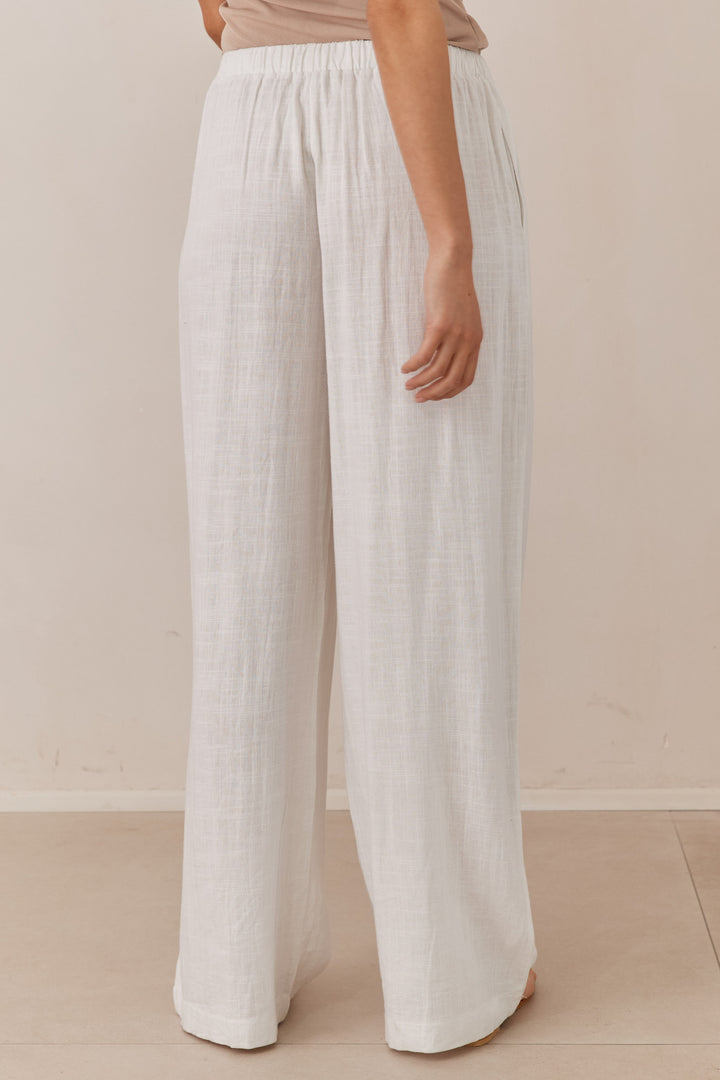 מכנסי שיה פשתן בשילוב גומי וקשירה | לבן