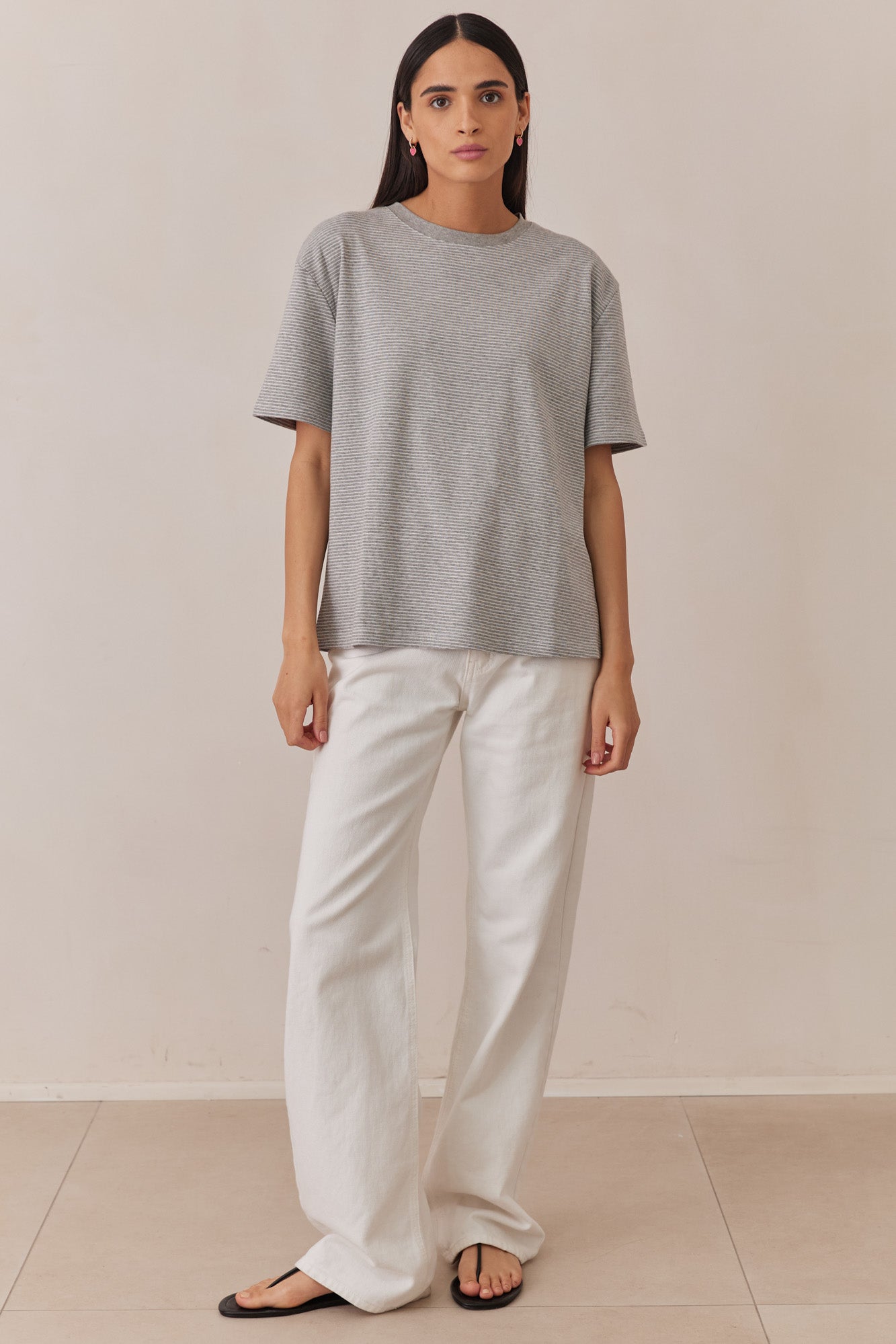 טי שירט לורן פרינט סטרייפס | אפור/לבן