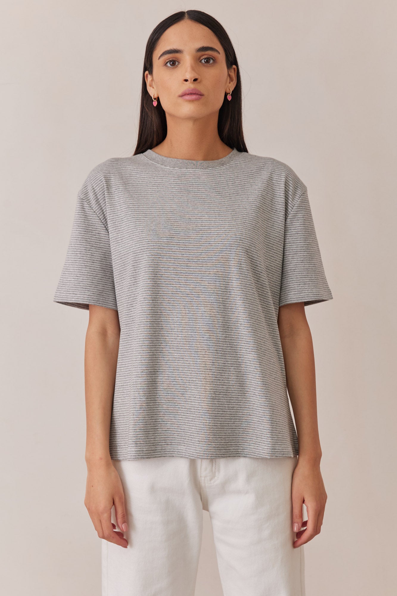 טי שירט לורן פרינט סטרייפס | אפור/לבן