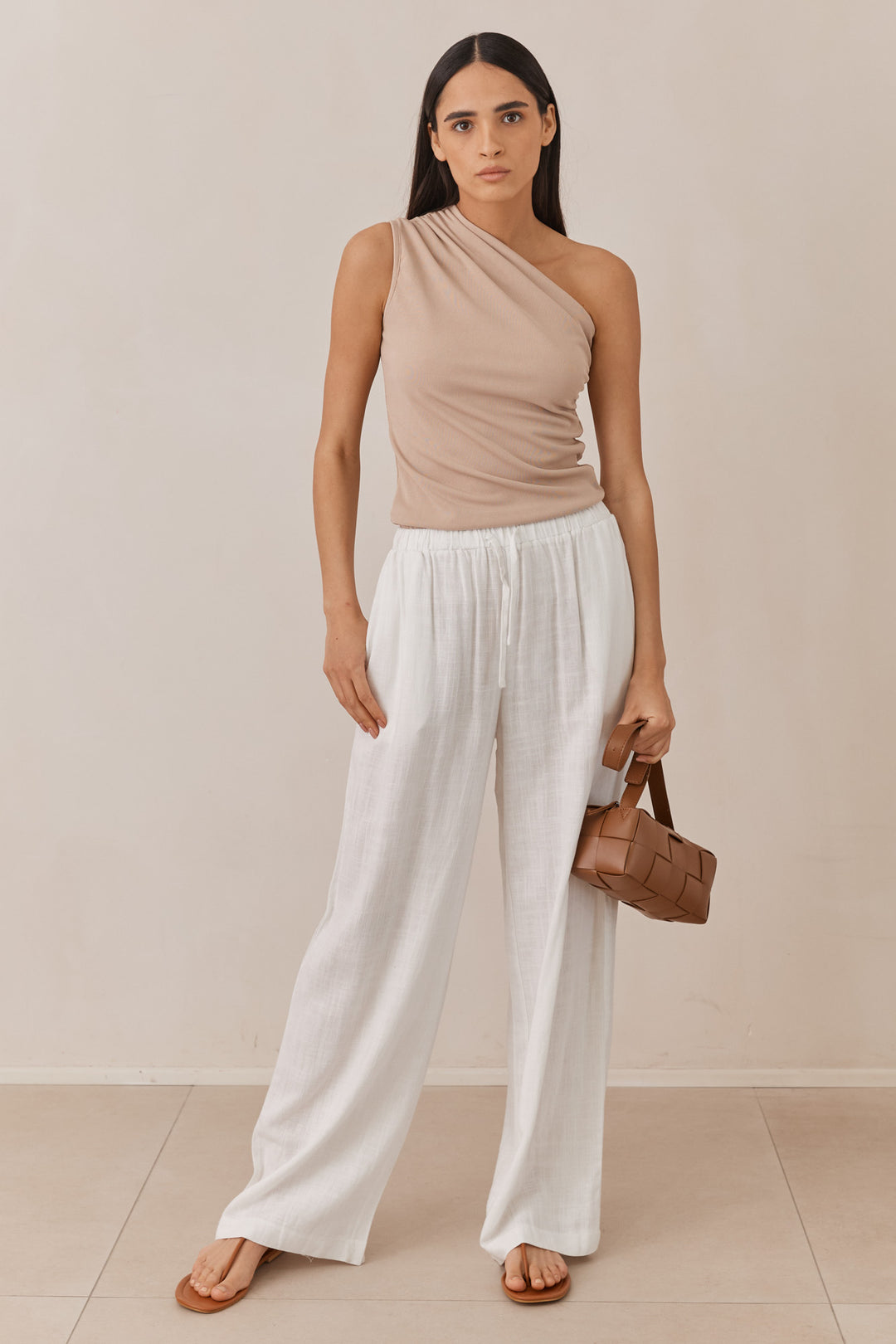 מכנסי שיה פשתן בשילוב גומי וקשירה | לבן