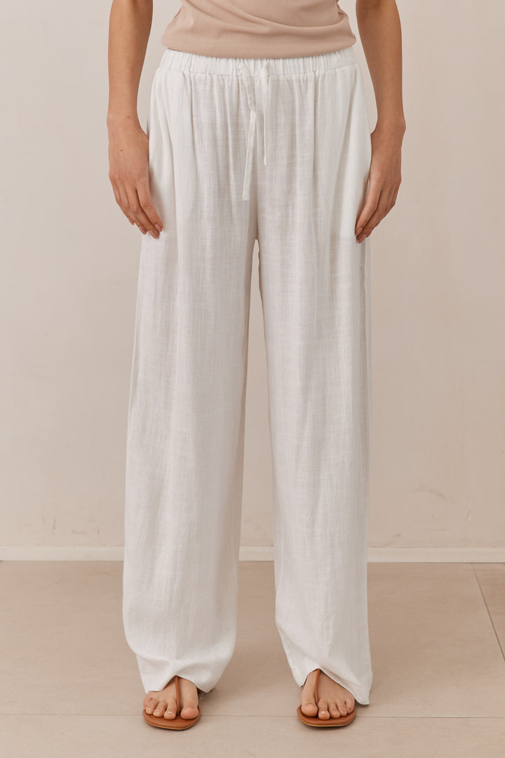 מכנסי שיה פשתן בשילוב גומי וקשירה | לבן