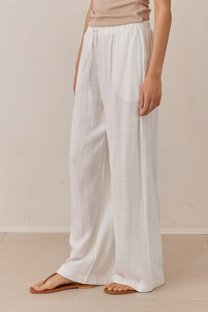 מכנסי שיה פשתן בשילוב גומי וקשירה | לבן
