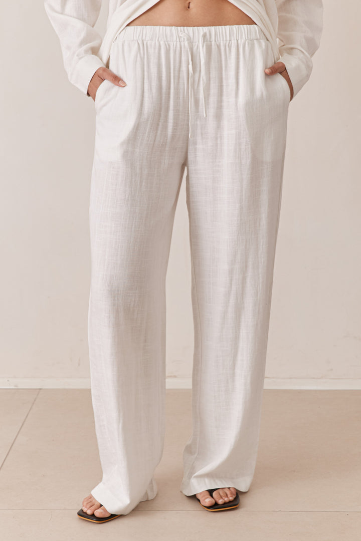 מכנסי שיה פשתן בשילוב גומי וקשירה | לבן