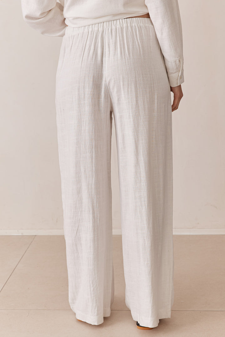 מכנסי שיה פשתן בשילוב גומי וקשירה | לבן