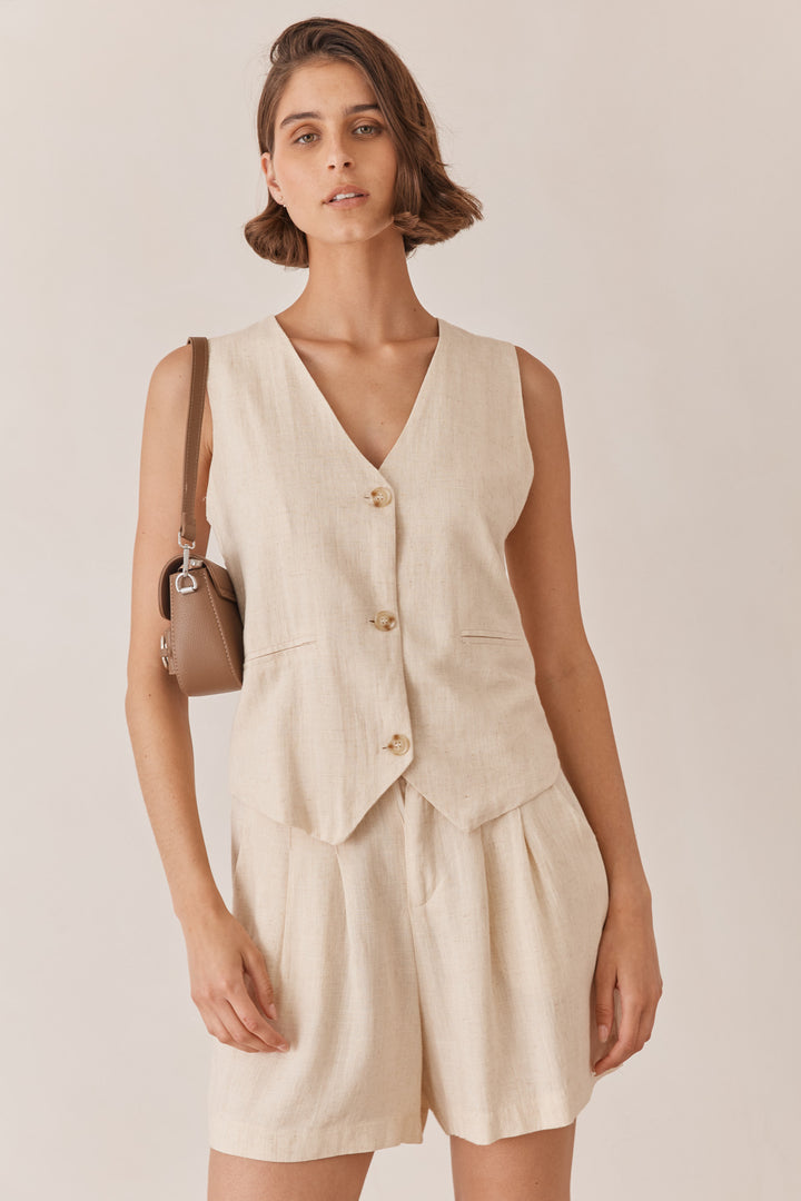 מכנסי שורט ג'נר דמוי פשתן | בז'