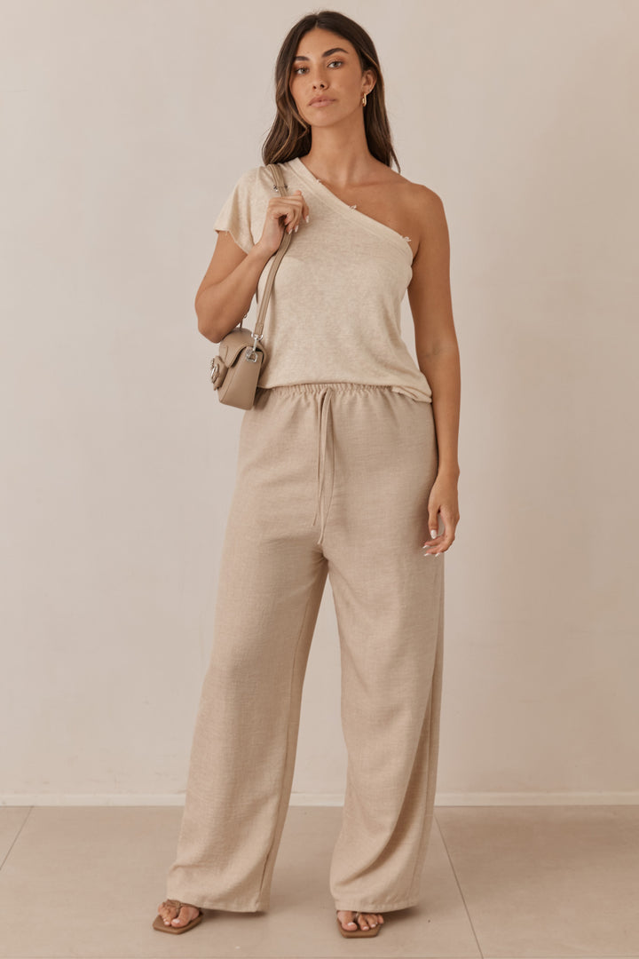 מכנסי סבסטיאן גזרה ישרה בשילוב קשירה | בז'