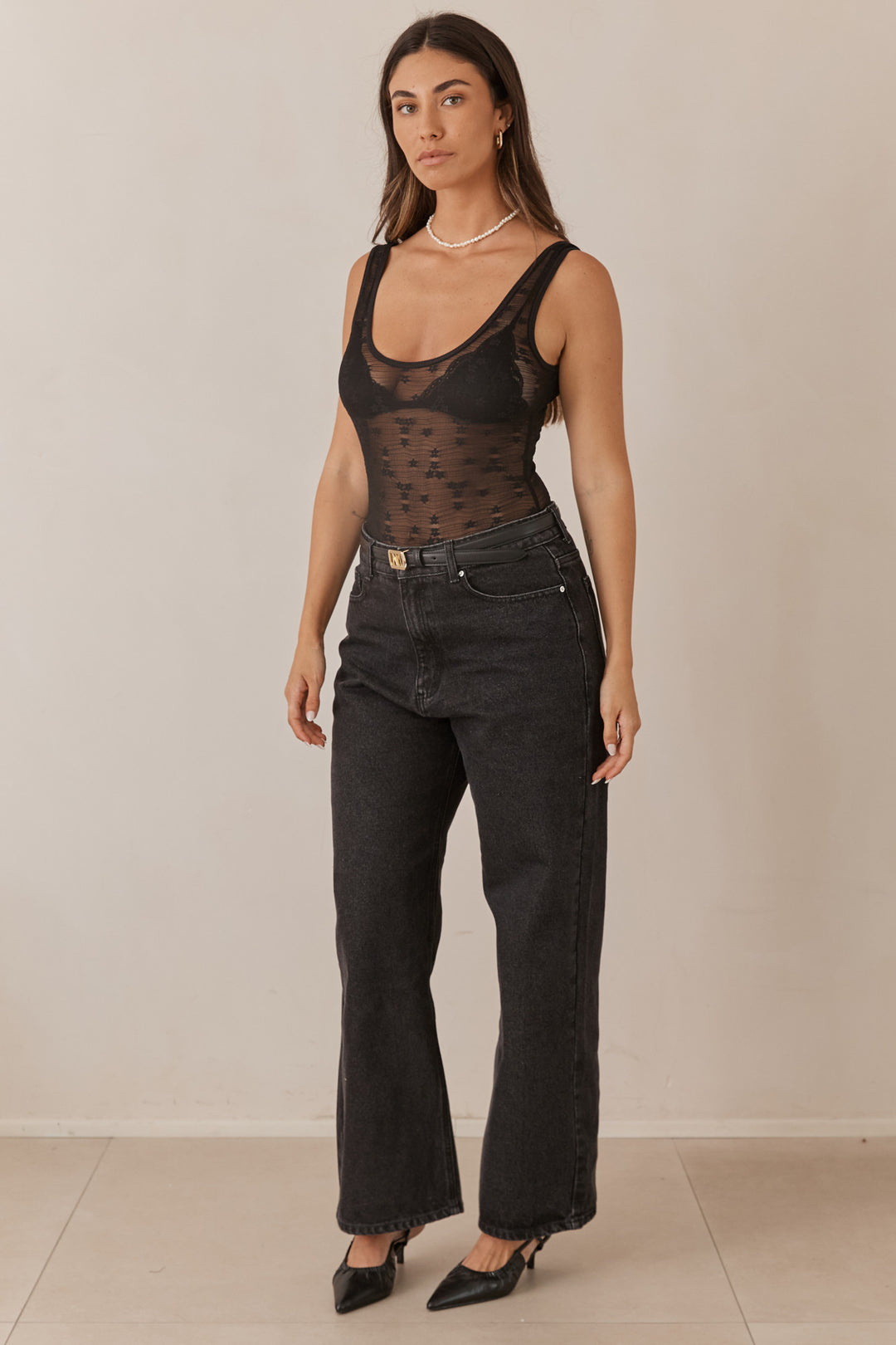 בגד גוף כריס בד תחרה | שחור