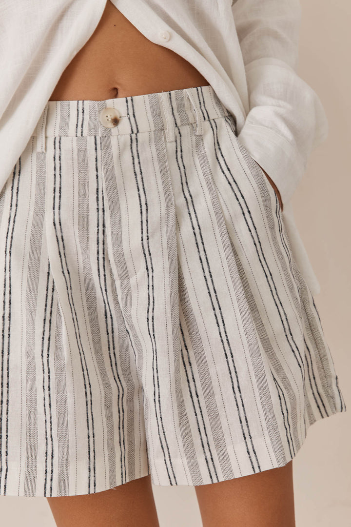 מכנסי קרולינה סטרייפס דמוי פשתן | לבן/שחור