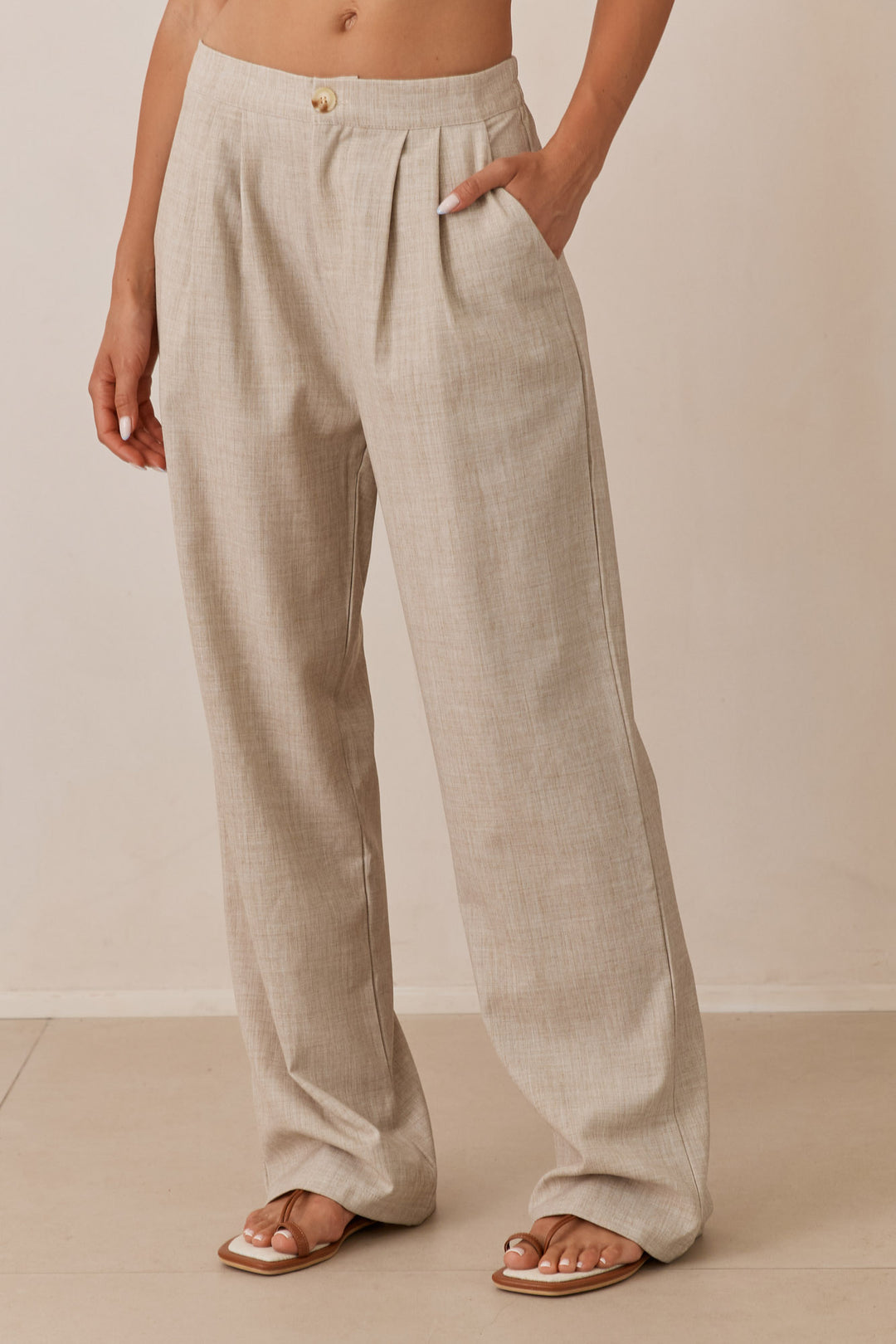 מכנסי אפריל דמוי פשתן | בז'