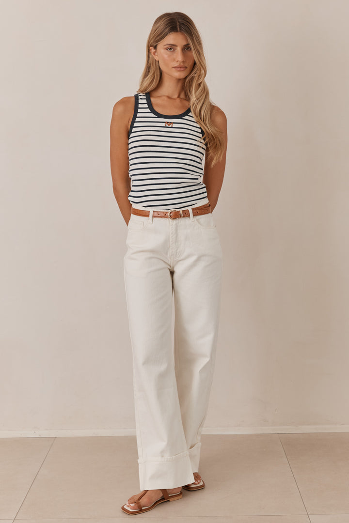 גופיית לורה סטרייפס לוגו דמוי עור | כחול/לבן