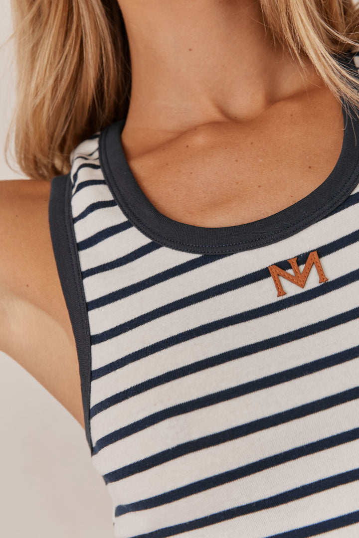 גופיית לורה סטרייפס לוגו דמוי עור | כחול/לבן