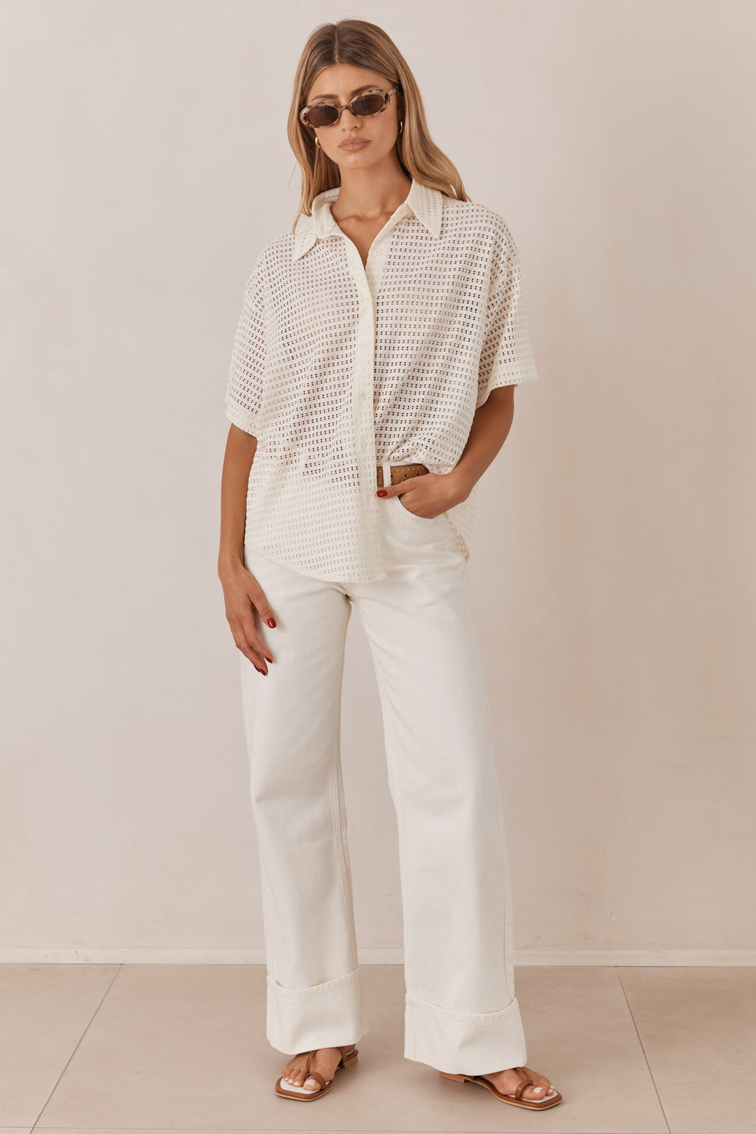 מכופתרת רשת בריטה שרוול קצר | שמנת