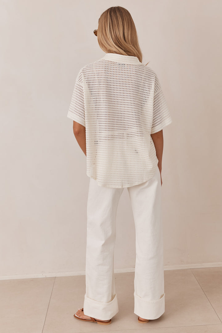 מכופתרת רשת בריטה שרוול קצר | שמנת