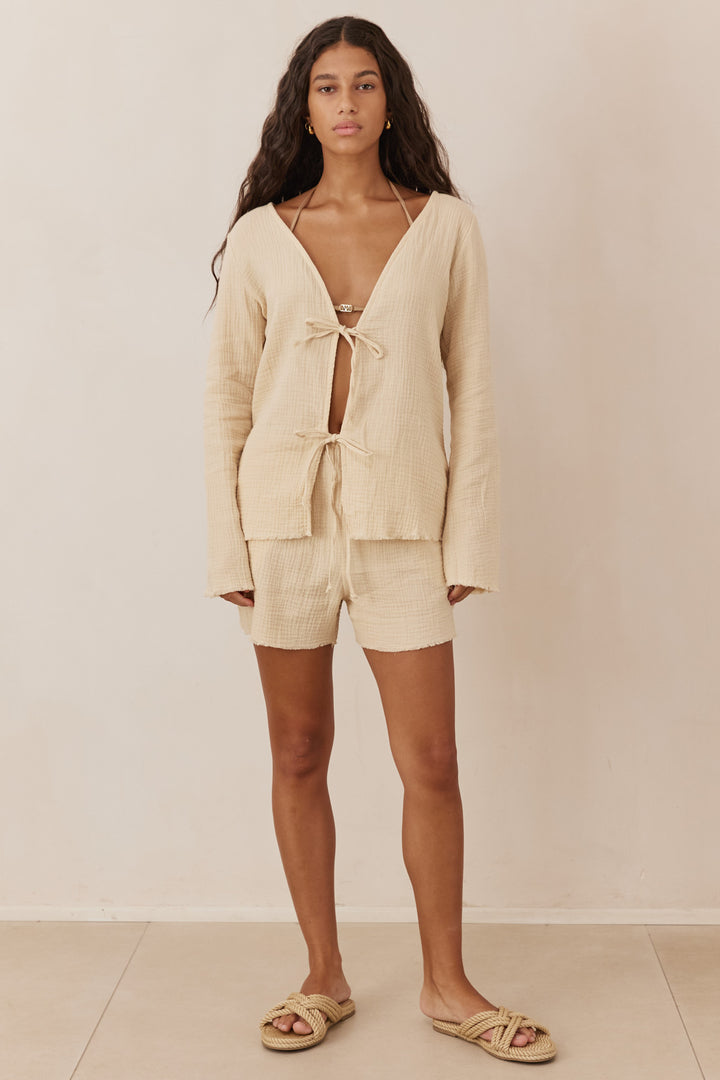 מכנסי טטרה מרגרט בשילוב שרוך | בז'