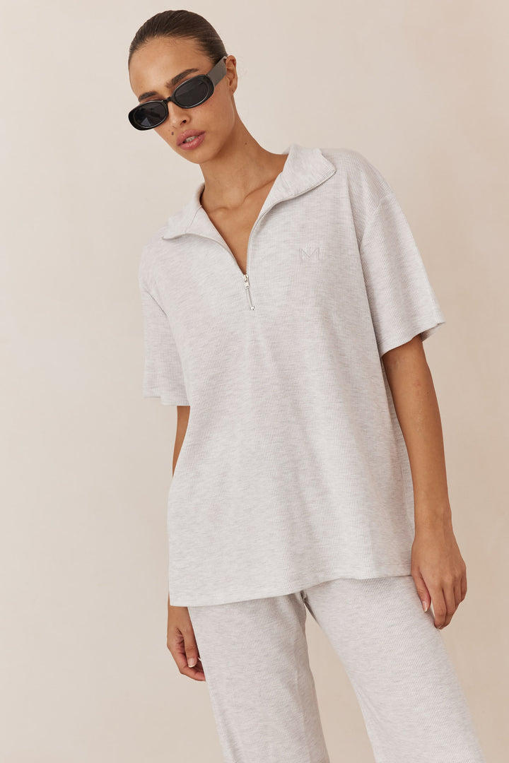 חולצת ג'סטין בד וופל בשילוב רוכסן | אפור בהיר