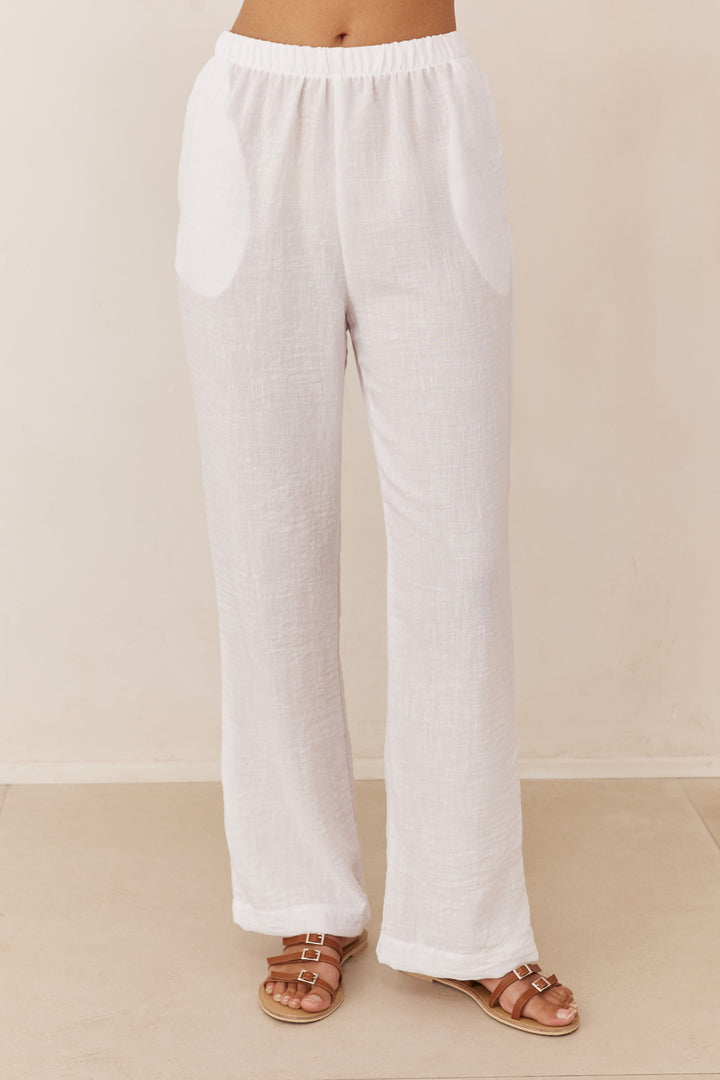 מכנסי מרקש בד פשתן בגזרה ישרה | לבן
