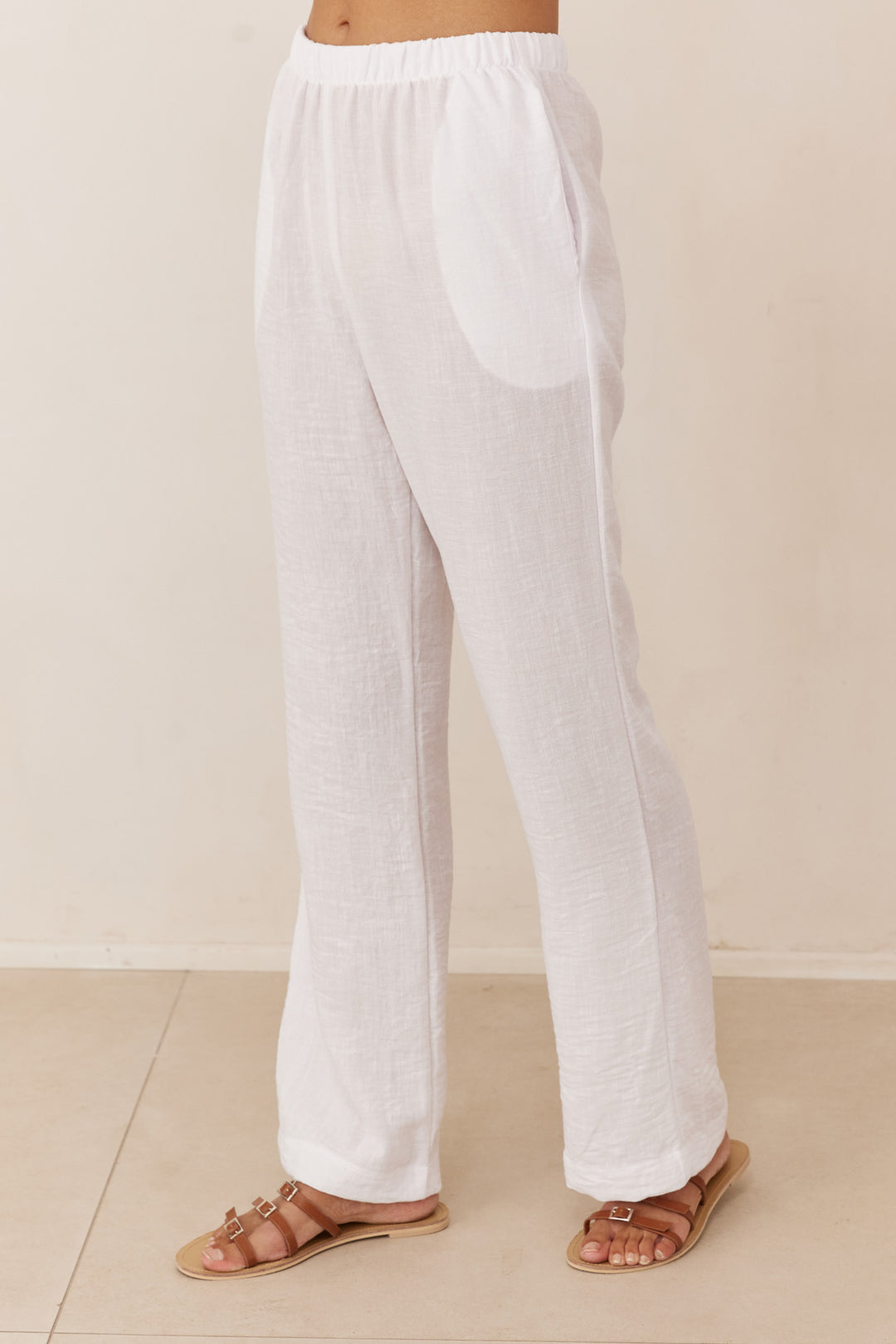 מכנסי מרקש בד פשתן בגזרה ישרה | לבן