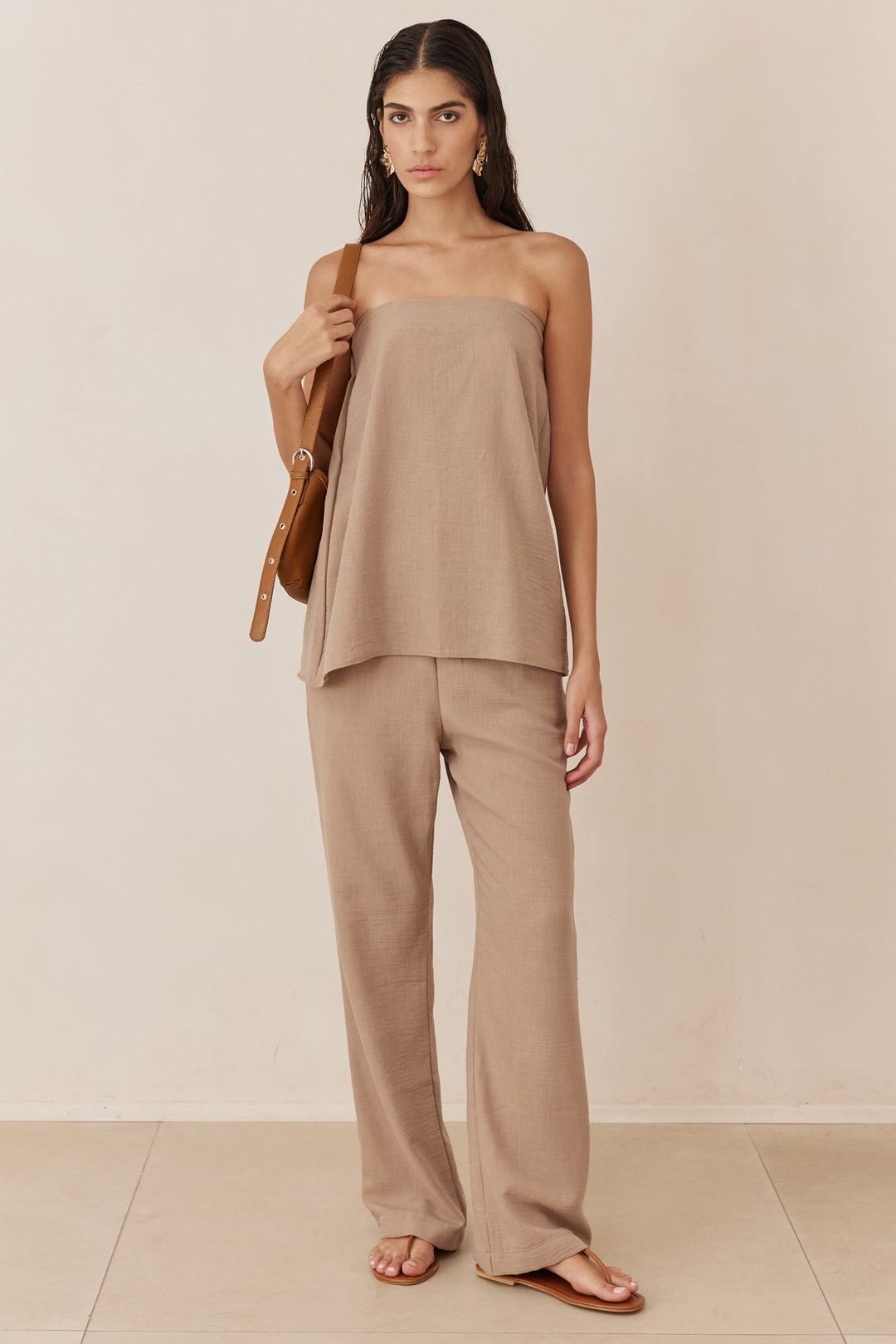 טופ סטרפלס מרקש בד פשתן | מוקה