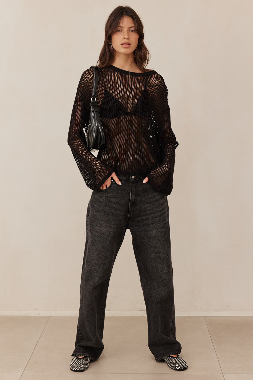 נעלי בובה סלינה בשילוב אבנים | שחור