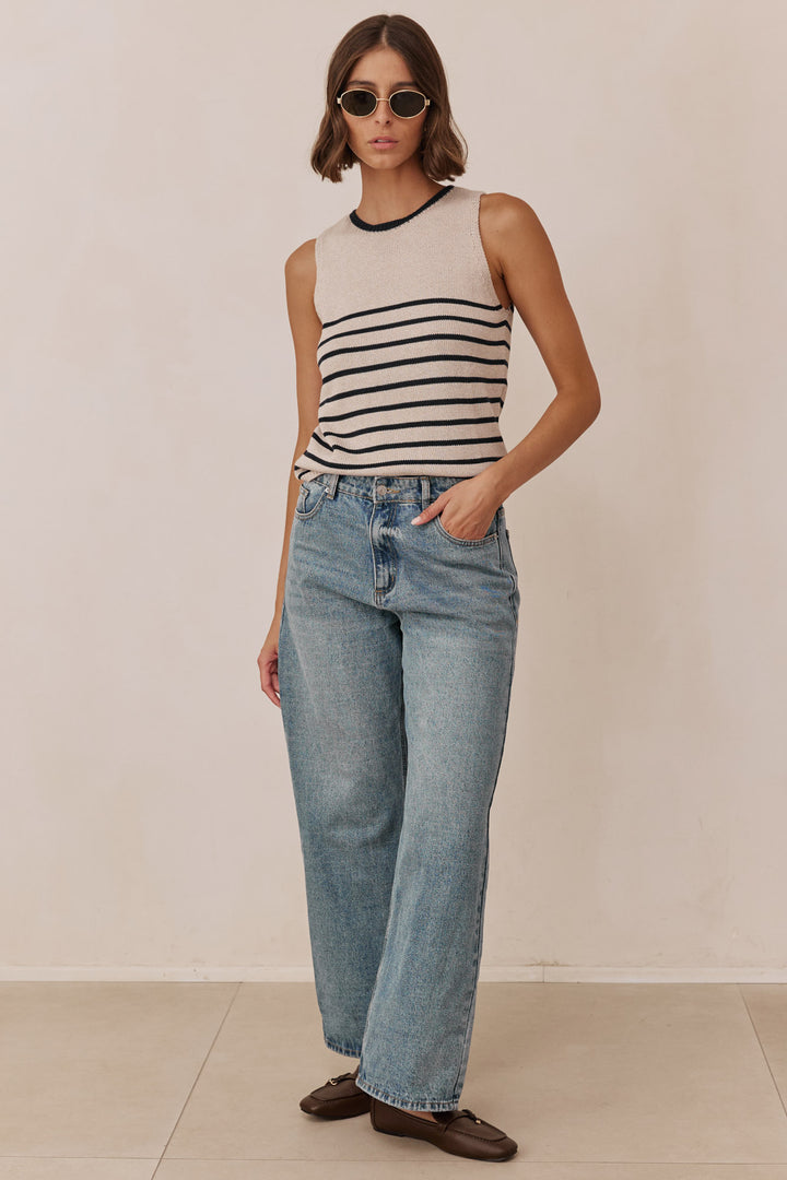 גופיית סריג נטליה סטרייפס | בז'/כחול