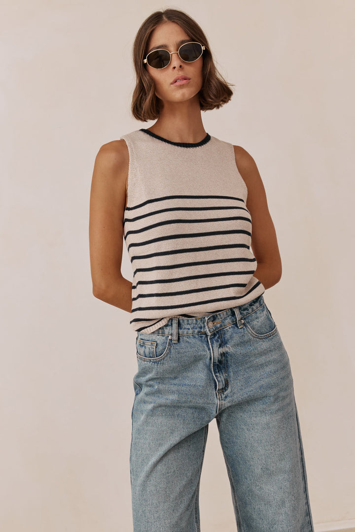 גופיית סריג נטליה סטרייפס | בז'/כחול