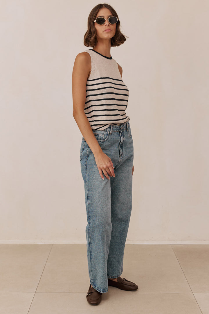 גופיית סריג נטליה סטרייפס | בז'/כחול