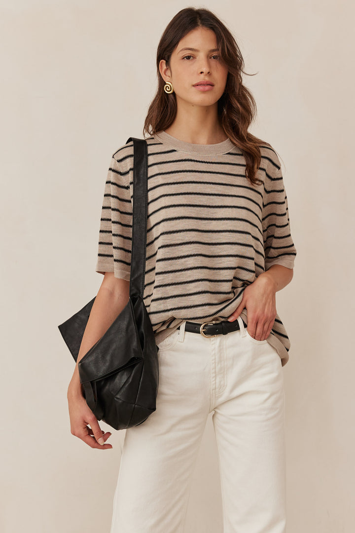 חולצת סריג דיאן סטרייפס שרוול קצר | בז'/שחור