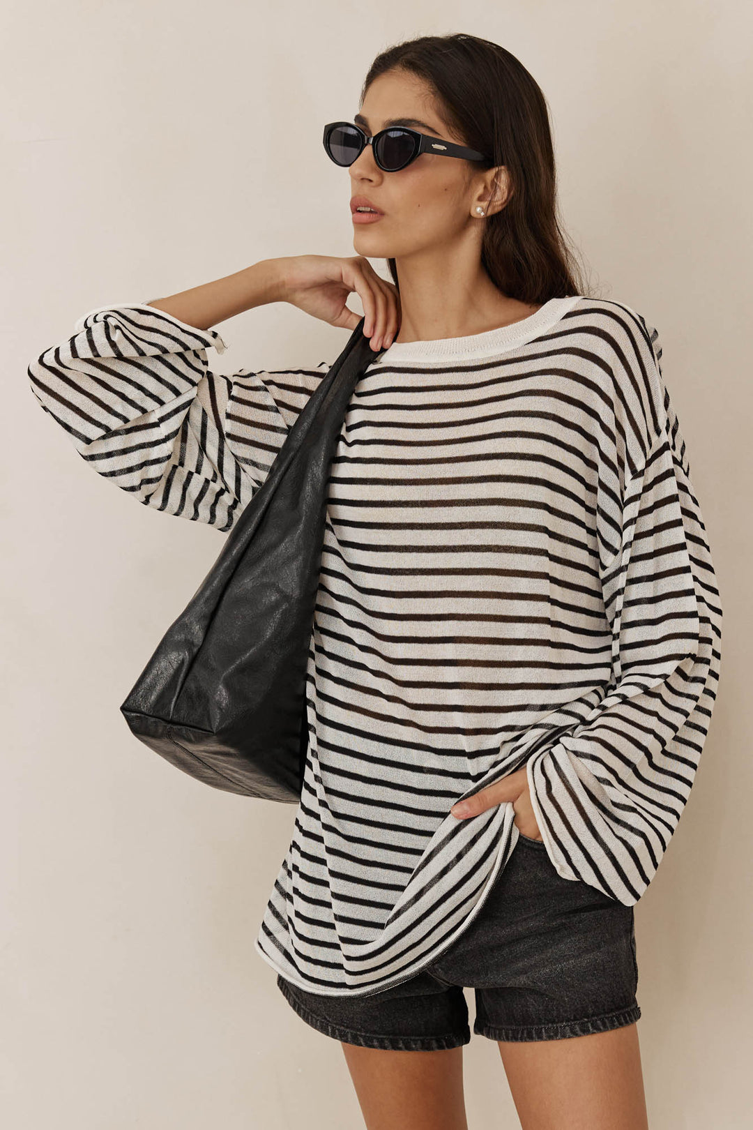 טוניקת סריג דק שקפקף אליאן | שחור/לבן