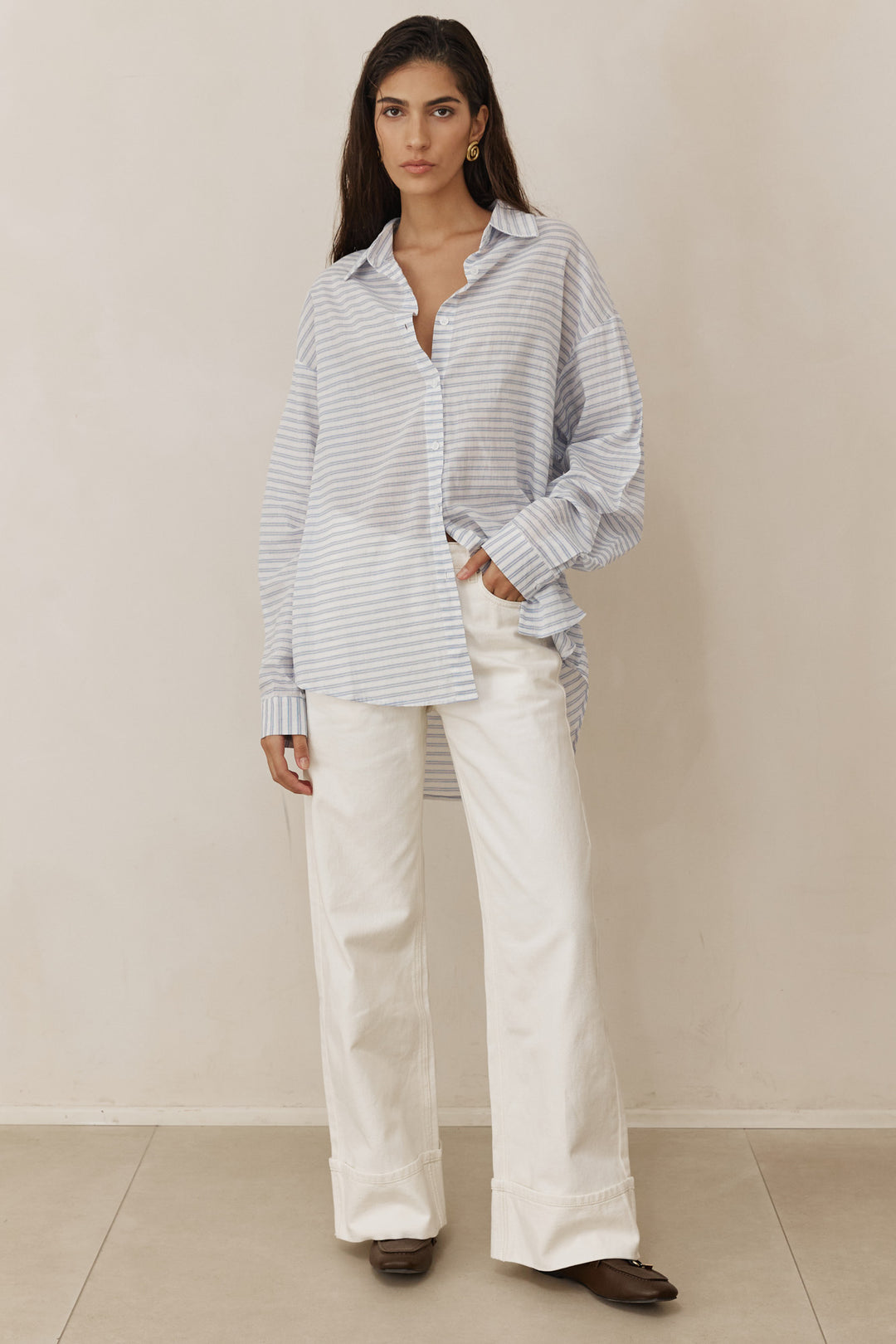 מכופתרת לאנה סטרייפס בד שקפקף | כחול/לבן