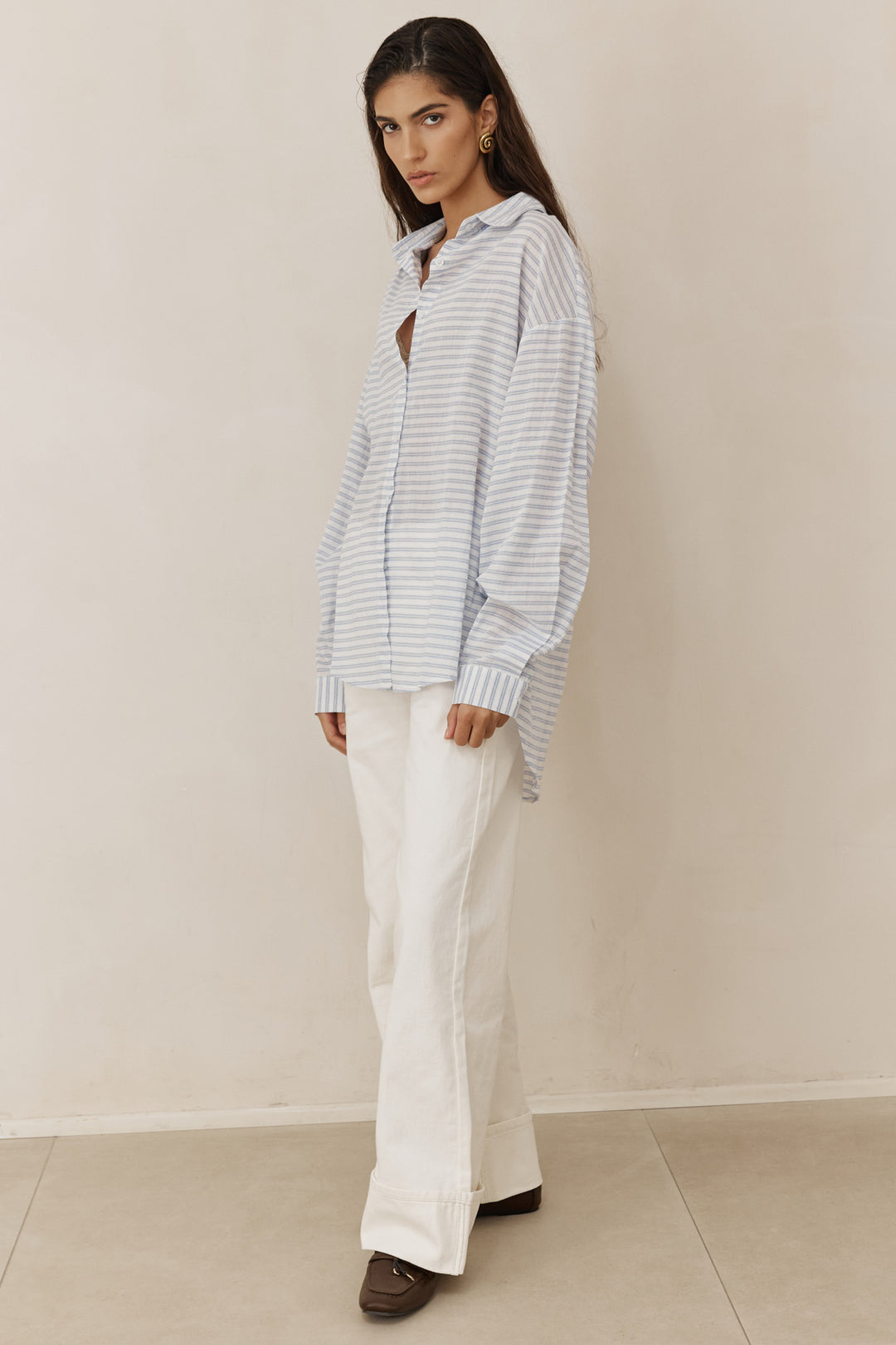 מכופתרת לאנה סטרייפס בד שקפקף | כחול/לבן