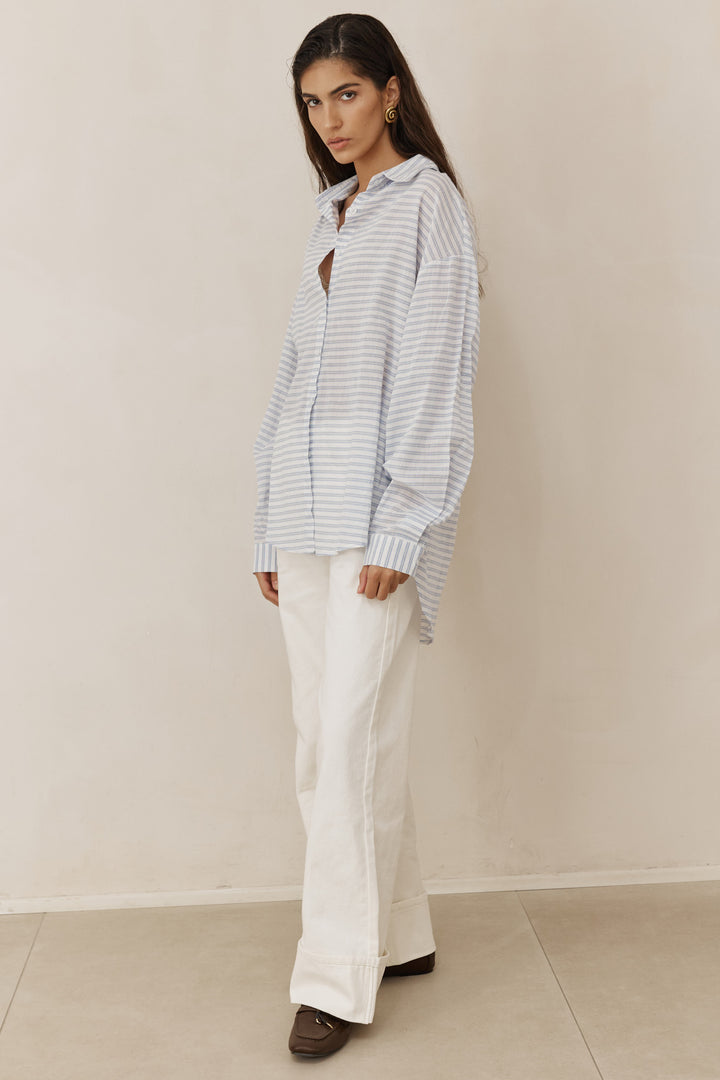 מכופתרת לאנה סטרייפס בד שקפקף | כחול/לבן