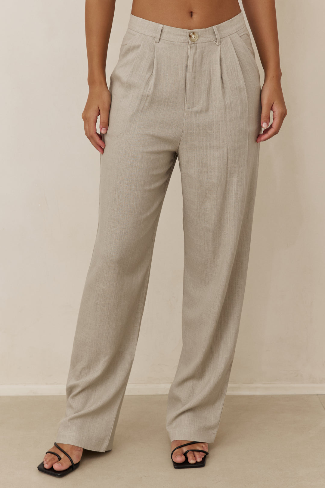 מכנסי עמנואל דמוי פשתן גזרה ישרה | ירוק זית