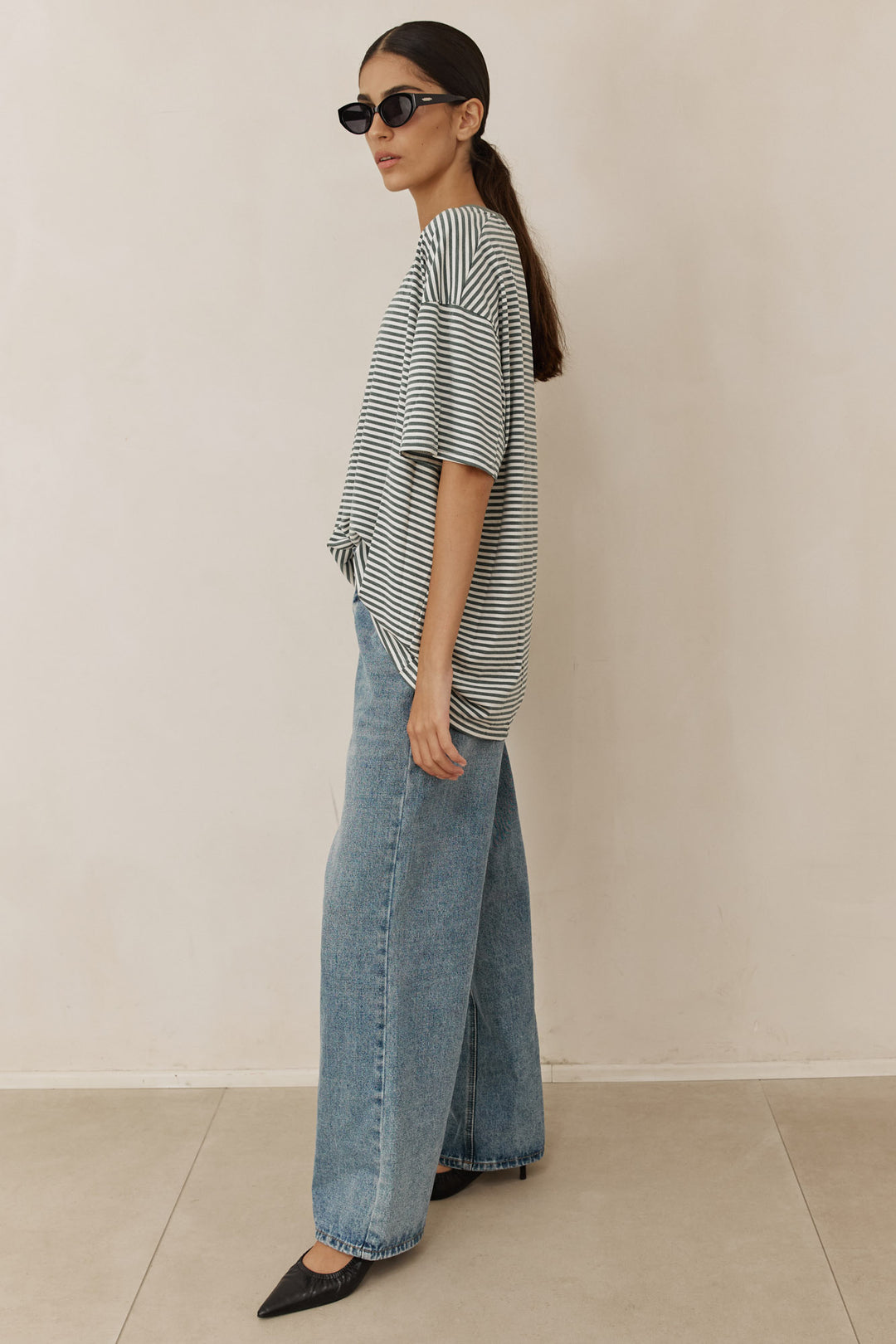 טי שירט אתנה סטרייפס גזרת אוברסייז | ירוק/לבן