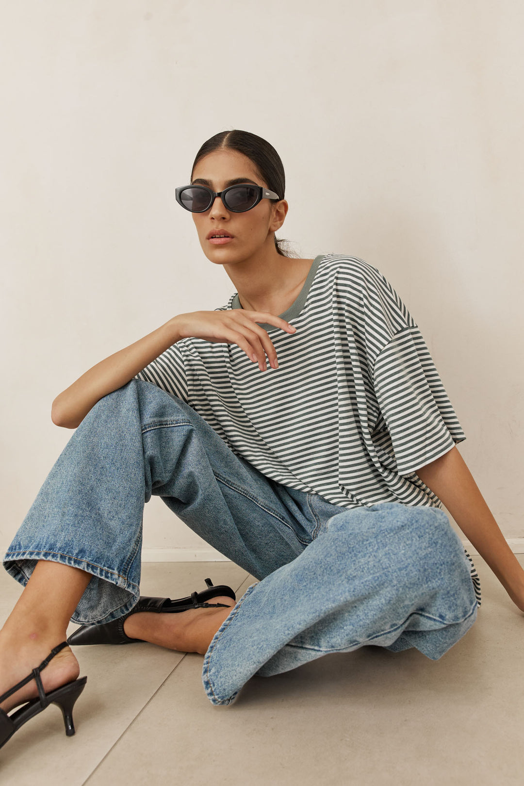 טי שירט אתנה סטרייפס גזרת אוברסייז | ירוק/לבן