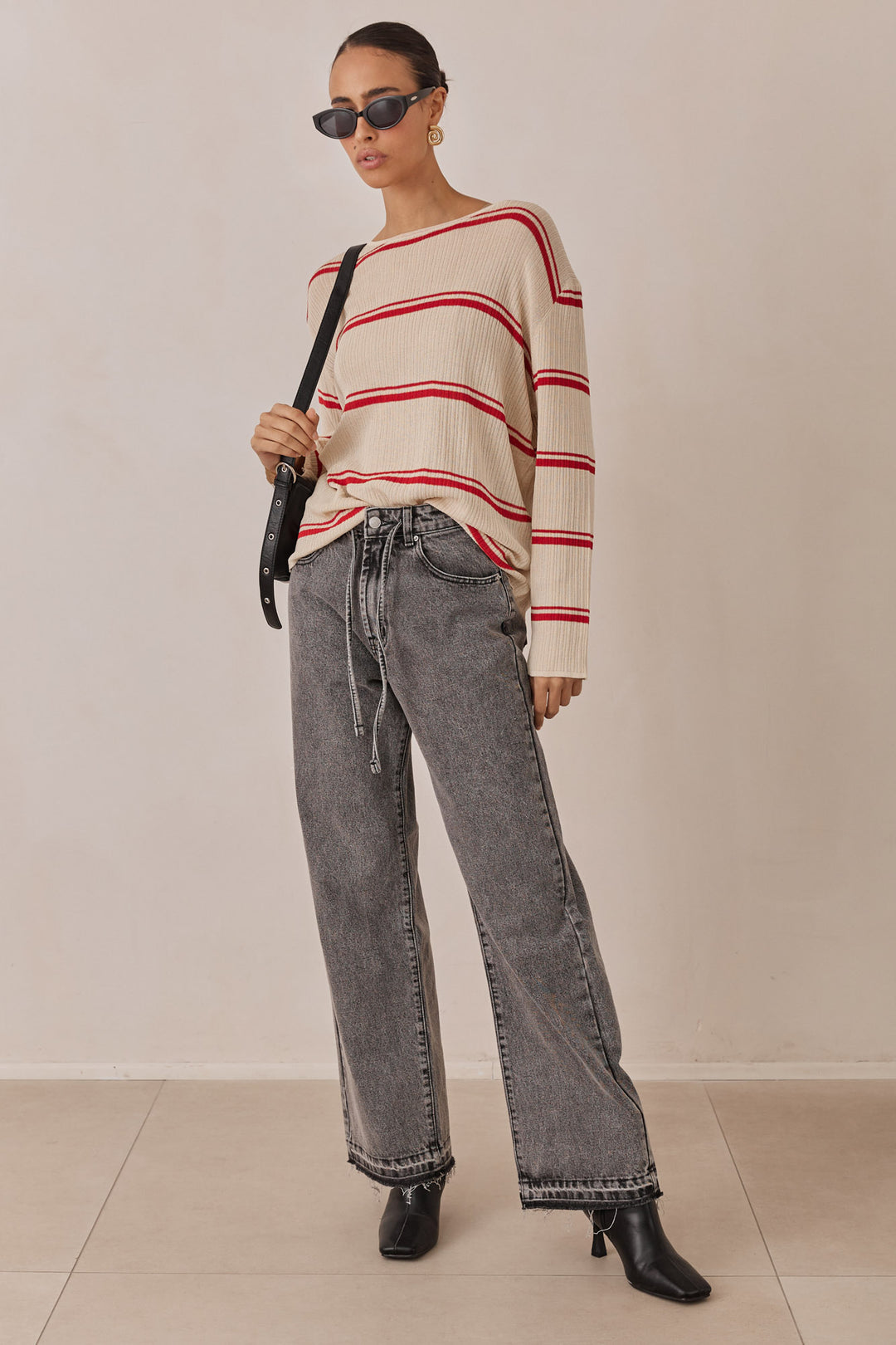 חולצת סריג שלבי סטרייפס | בז'/אדום