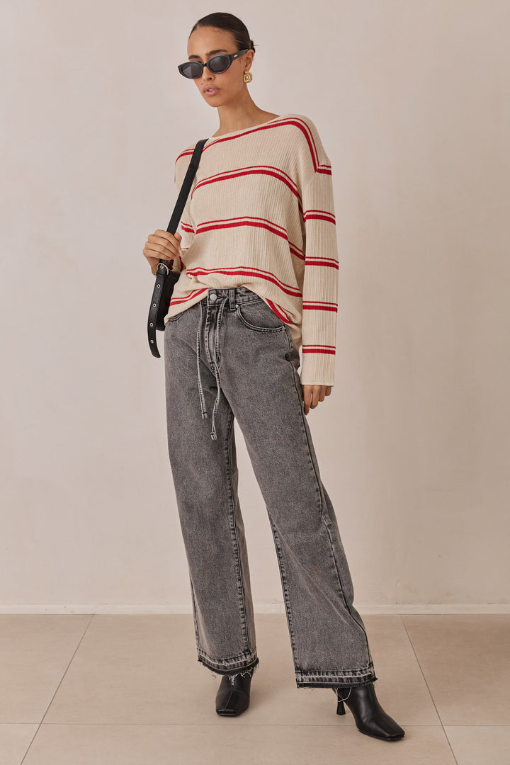חולצת סריג שלבי סטרייפס | בז'/אדום