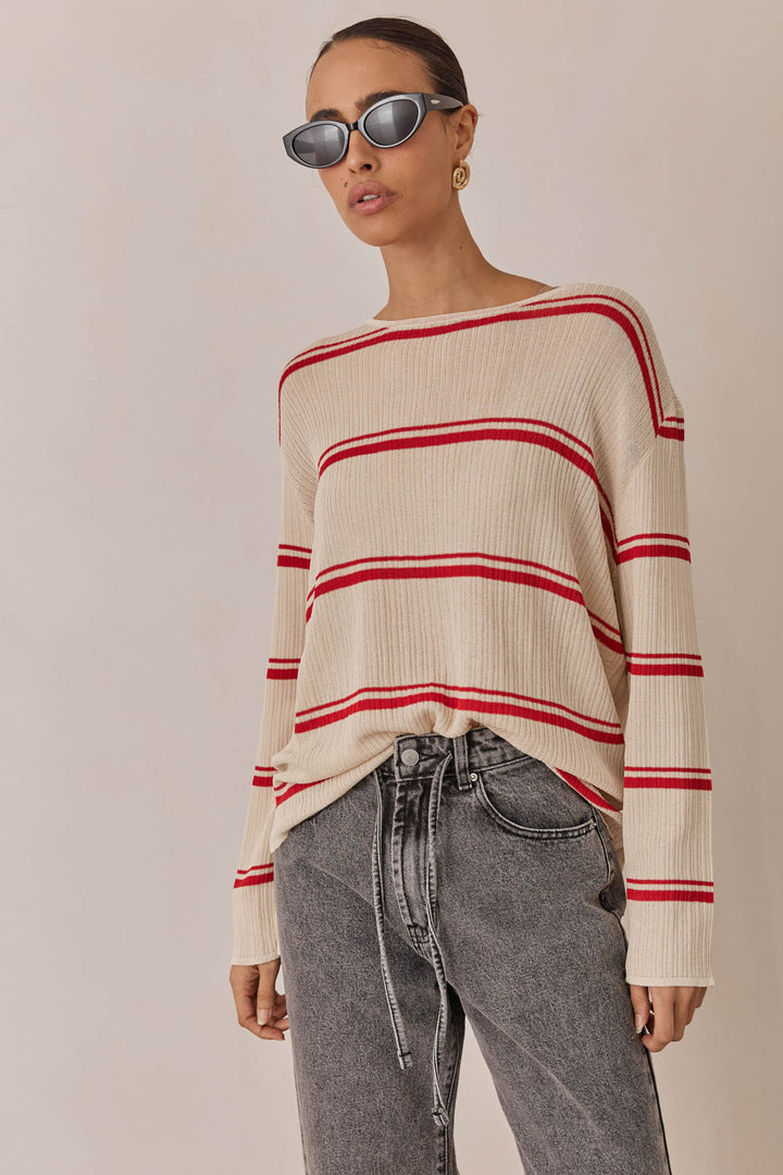 חולצת סריג שלבי סטרייפס | בז'/אדום