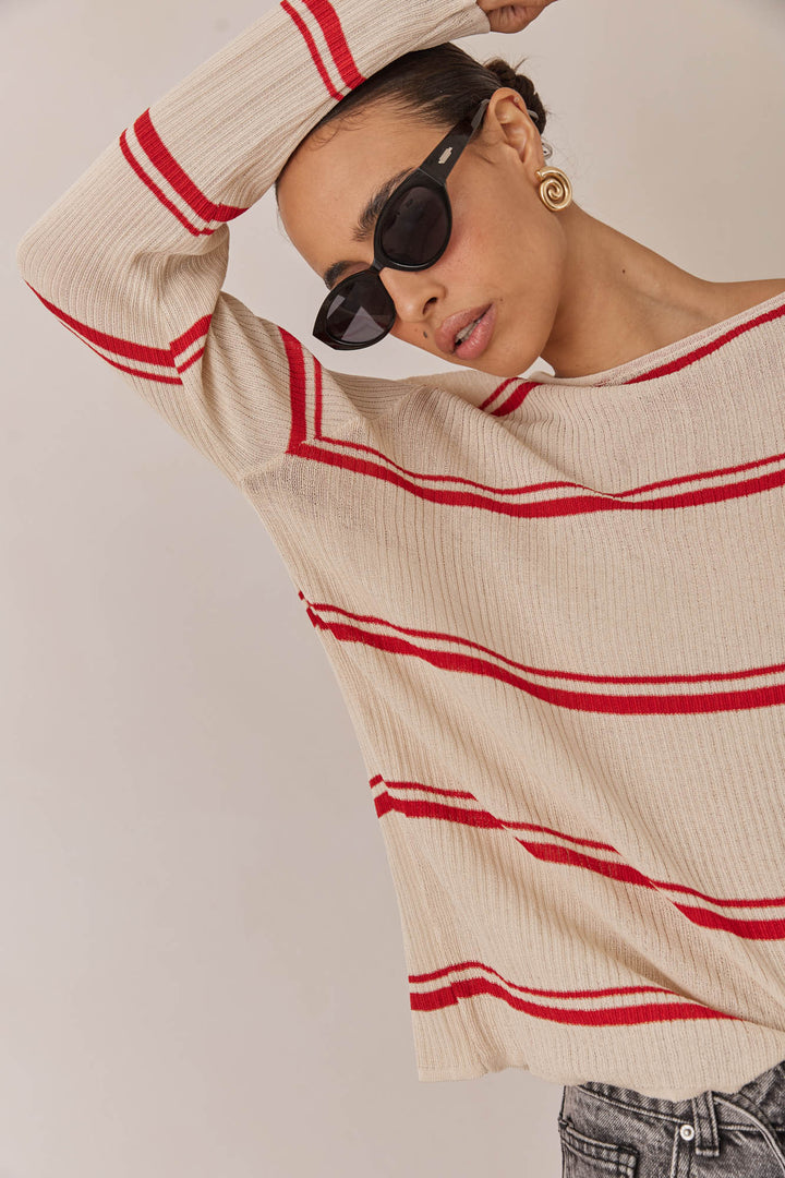חולצת סריג שלבי סטרייפס | בז'/אדום