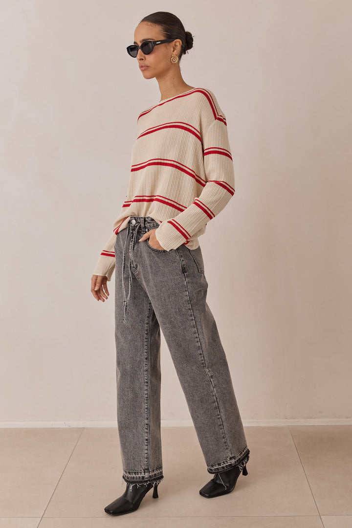 חולצת סריג שלבי סטרייפס | בז'/אדום