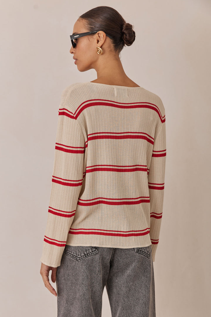 חולצת סריג שלבי סטרייפס | בז'/אדום