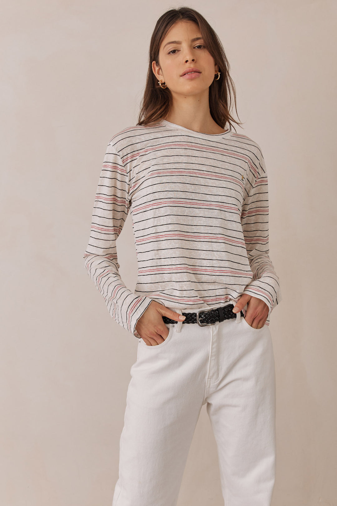 טי שירט מיידן שרוול ארוך הדפס פסים | לבן/אדום