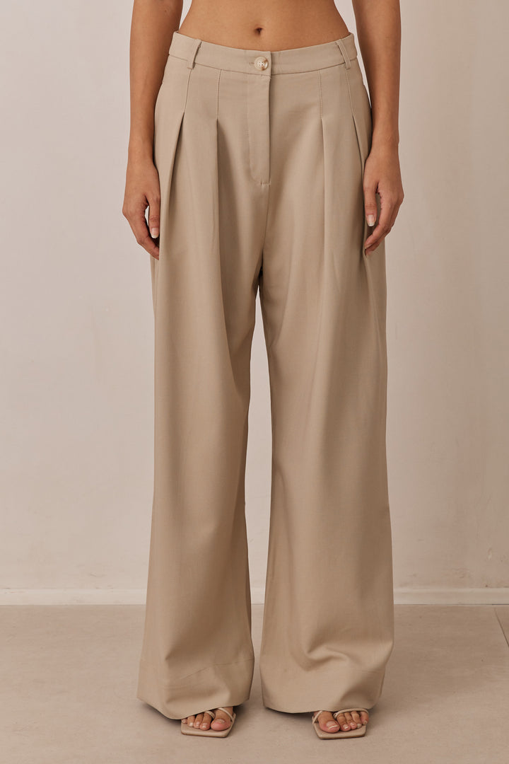 מכנסיים מחויטים דונה גזרה רחבה | בז'