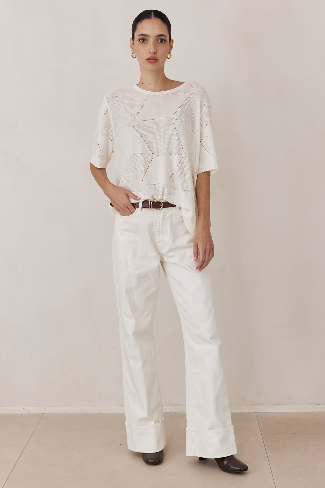 חולצת סריג דק לימה שרוול קצר | לבן